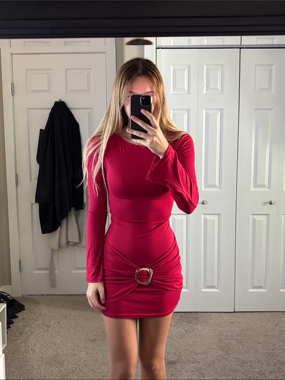 Cider Red Long-Sleeve Ruched Mini Dress with Gold Buckle